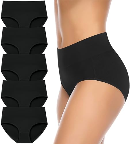 Womens Cotton Underwear High Waisted Full Coverage Briefs Ladies Panties - color: Black, 5-pack, size: XX-Large