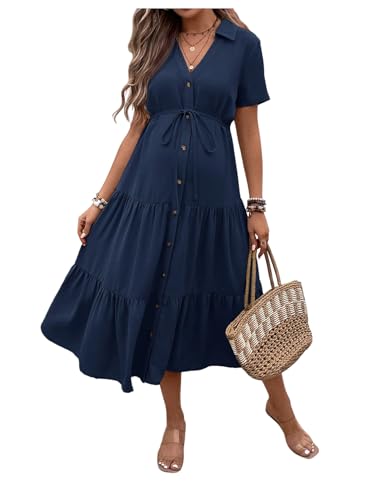 OYOANGLE Women's Maternity Button Belted Dress - color: Dark Blue, size: XX-Large
