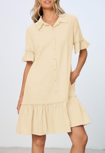MEROKEETY Women's Summer Casual Tshirt Dress Button Down Shift Mini Dresses - color: Beige, size: Small