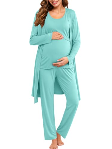 SWOMOG Maternity Nursing Robe Set 3 PCS Women Postpartum Pajamas Breastfeeding Labor Delivery Hospital Pregnancy Pjs - color: Aqua Green, size: Large