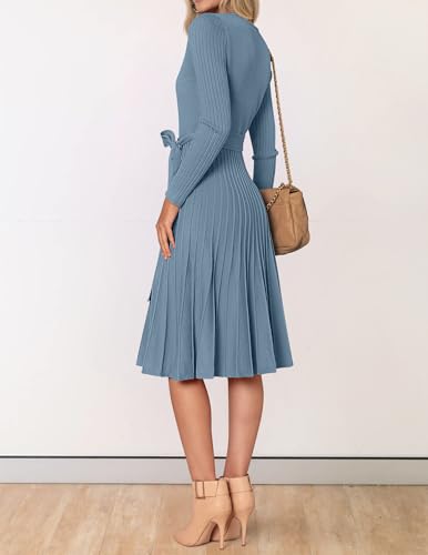 ZESICA Women's Long Sleeve Wrap Sweater Midi Dress with Belt - color: Dustyblue, size: X-Large