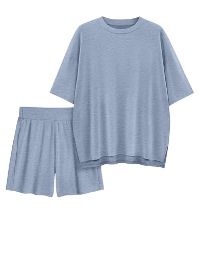 Womens 2 Piece Lounge Sets 2026 Summer Travel Outfits Casual Short Sleeve Oversized Tshirts Tops Biker Shorts - color: Grey Blue, size: Large