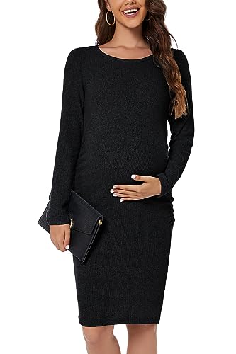 Smallshow Women's Knit Maternity Dress Long Sleeve Pregnancy Clothes - color: Black, size: Medium
