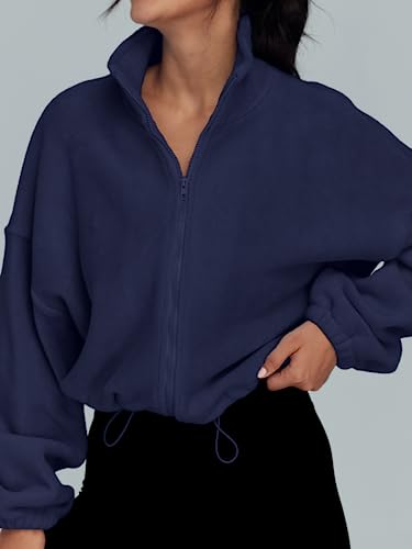 AUTOMET Womens Fleece Jackets Zip Up Oversized Cropped Sweatshirts - color: Navy, size: Medium
