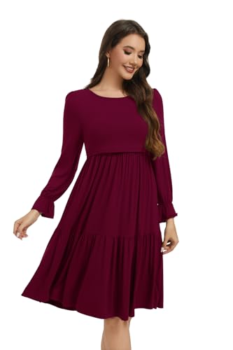 Smallshow Women's Ruffle Maternity Nursing Dress Long Sleeve - color: Maroon, size: Small