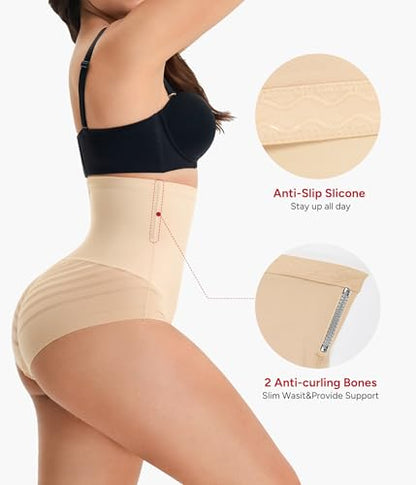 Shapewear Tummy Control Underwear High Waisted Panties with Stripe Lace - color: Beige, size: Medium