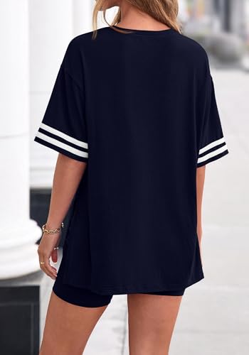 KIRUNDO 2 Piece Sets for Women Summer Lounge Set - color: Navy Blue, size: Small