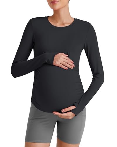 G4Free BareFeel Pregnancy Workout Tops Maternity Long Sleeve Shirts Ruches - color: Black, size: X-Small