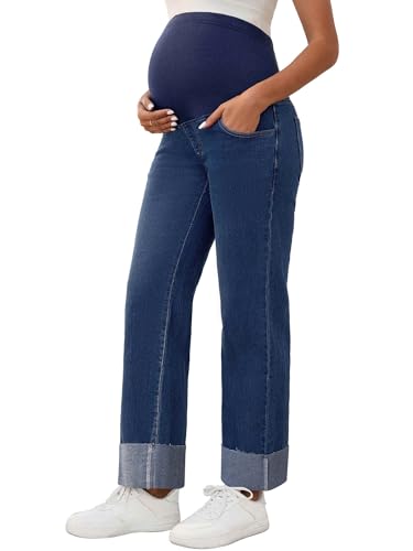 Women Maternity Jeans Straight Leg Cuffed Denim Work Pants - color: Dark Blue, size: Large