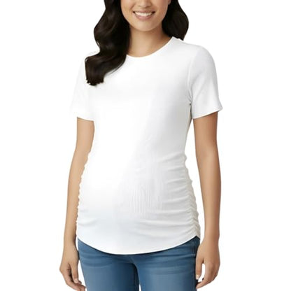 Motherhood Maternity Women's Short Sleeve Crew Neck Side Ruching Pregnancy Tee Shirt - color: White, size: Medium