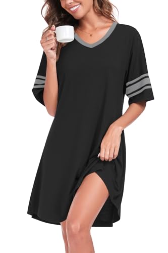 REGAI Women's Nightgowns Short Sleeve Soft Sleepshirt - color: Black, size: Medium