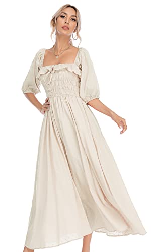 R.Vivimos Women Summer Cotton A Line Flowy Long Dresses - color: Beige#1, size: Medium