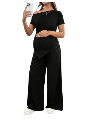SweatyRocks Women's Maternity Sets 2 Piece Off The Shoulder Top and Pants - color: Black, size: Small