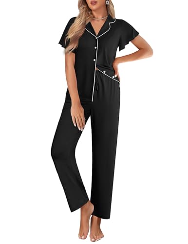 Ekouaer Pajamas for Women Set Ruffle Sleeve Button Up with Long Pants - color: Black, size: Medium