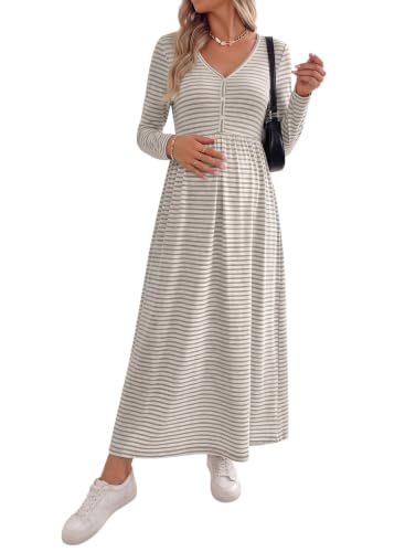 BLENCOT Maternity Dress V Neck Long Sleeve Striped Button Down Maxi Dresses - color: Grey, size: XX-Large