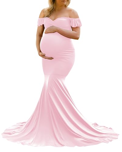 Saslax Off Shoulder Ruffle Sleeves Elegant Fitted Maxi Maternity Dress for Photoshoot Baby Shower - color: Pink, size: Medium
