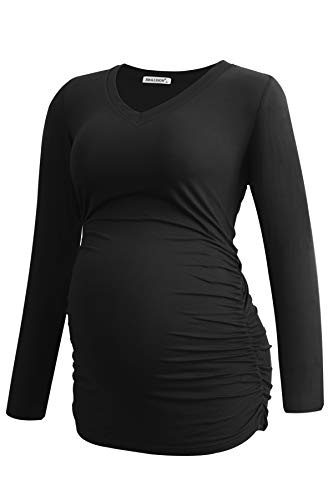 Smallshow Women's V-Neck Maternity Shirt Clothes Long Sleeve Ruched Pregnancy Top - color: Black-light Grey-white Stripe(3 Pack), size: X-Large