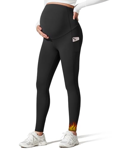 G4Free Fleece Maternity Leggings Pregnancy Yoga Pants,Black,L,Regular