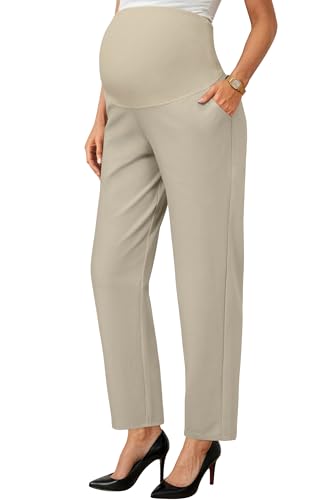 OUGES Women's Over Belly Straight Leg Maternity Pants with Pockets - color: Light Khaki, size: X-Large