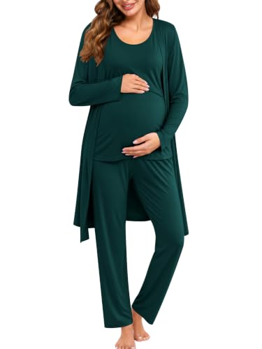 SWOMOG Maternity Nursing Robe Set 3 PCS Women Postpartum Pajamas Breastfeeding Labor Delivery Hospital Pregnancy Pjs - color: Emerald Green, size: Medium
