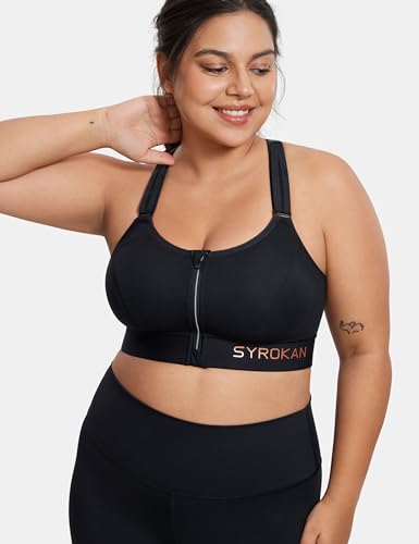 SYROKAN Zip Front Velcro Straps Sports Bra Plus Size - color: Black, size: 32B