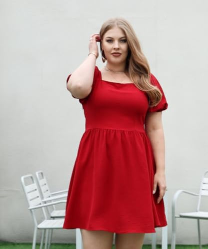 OFEEFAN Women Puff Sleeve Square Neck Tie in Back Dresses with Zipper - color: Red, size: Medium