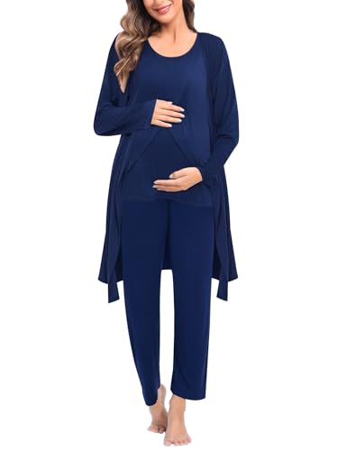 SWOMOG Maternity Nursing Robe Set 3 PCS Postpartum Breastfeeding Pajamas Hospital Pregnancy Pjs Double Layer Lounge Set - color: Navy Blue, size: Medium