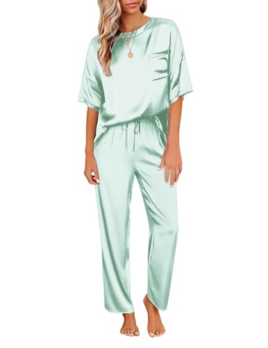 Ekouaer Pajamas for Women Set Silky Satin 2 Piece Lounge Sets with Pockets - color: Aqua Green, size: Medium