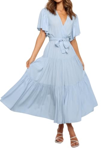 R.Vivimos Womens Summer Casual Ruffle A-Line Midi Dress - color: Skyblue-shortsleeve, size: Medium