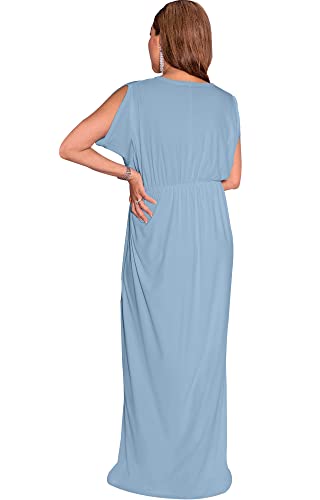 KOH KOH Womens Long Short Sleeve V-Neck Maternity Summer Flowy Maxi Dress - color: Sky Light Blue, size: Medium