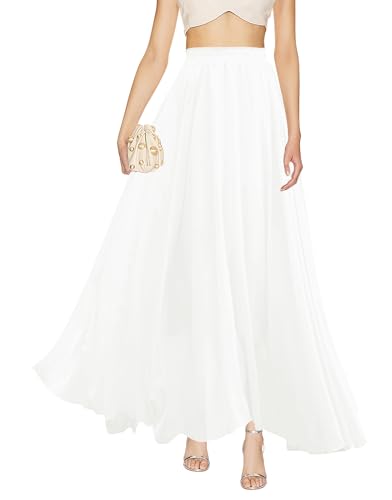 v28 Women Full/Ankle Length Elastic Pleated Retro Maxi Chiffon Long Skirt - color: White, size: Large