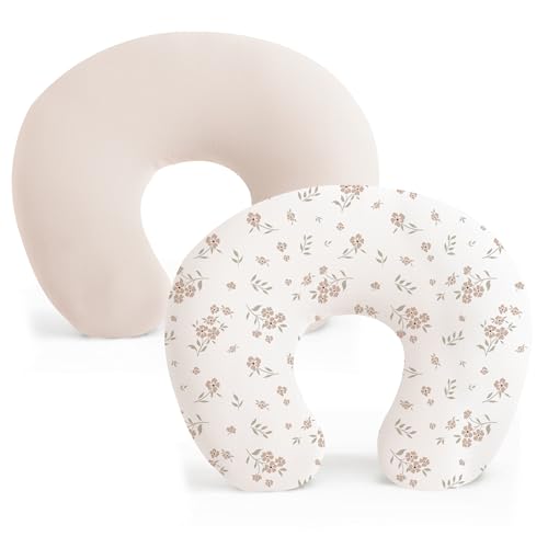 Konssy 2 Pack Nursing Pillow Covers, Soft Stretchy Cover for Breastfeeding - color: Beige, Blossom