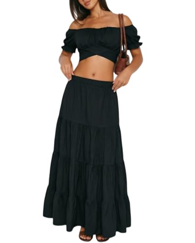 Womens 2 Piece Outfit Boho Summer Vacation Top Maxi Skirt Set - color: Black, size: Medium