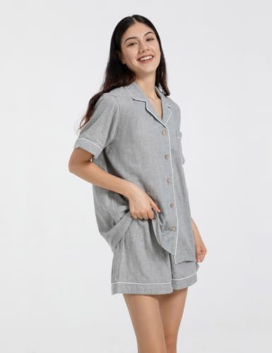 Womens Muslin Pajama Sets 100% Cotton Double Gauze Linen Like Short Pjs - color: Heathered Light Grey, size: Medium