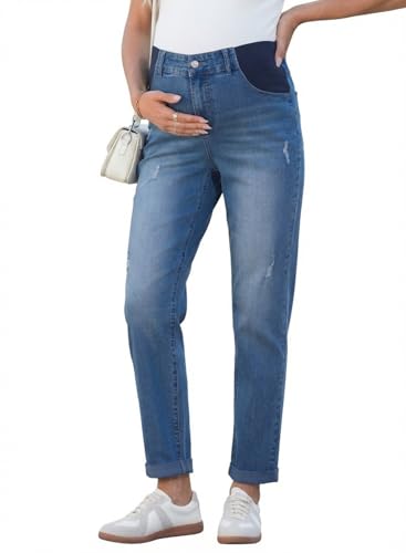 BLENCOT Maternity Jeans High Rise Stretchy Waistband Straight Leg - color: Dark Blue, size: Small