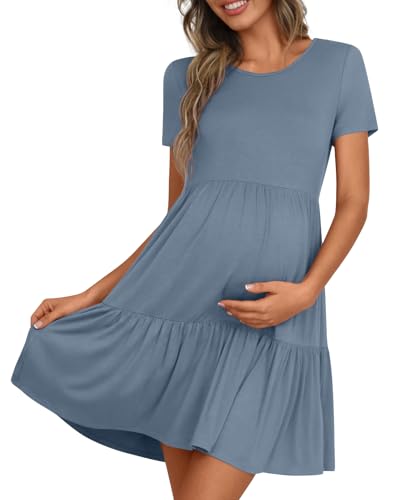Women's Maternity Dress Summer Short Sleeve Pregnancy Dresses - color: Dusty Blue, size: Large