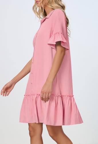 MEROKEETY Women's Summer Casual Tshirt Dress Button Down Shift Mini Dresses - color: Pink, size: Medium