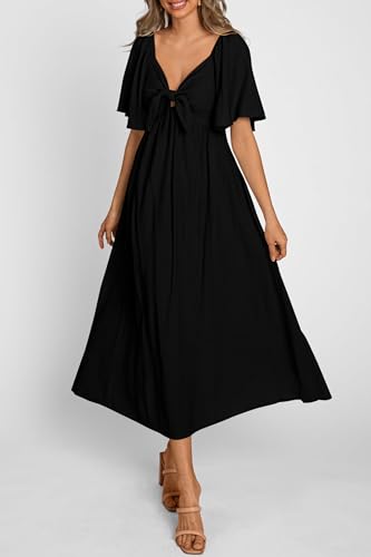 PRETTYGARDEN Women's Summer Bow Tie V Neck Midi Dresses - color: Black, size: Medium