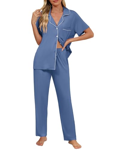 Senert Womens 2 Piece Pajamas Set Button Down Top and Pants Soft Sleepwear - color: Deep Blue, size: Large