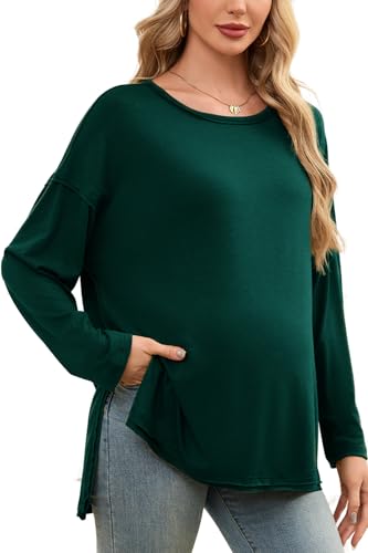 Smallshow Women's Long Sleeve Maternity Shirts Loose Tunic Pregnancy Tops - color: Deep Green, size: X-Large