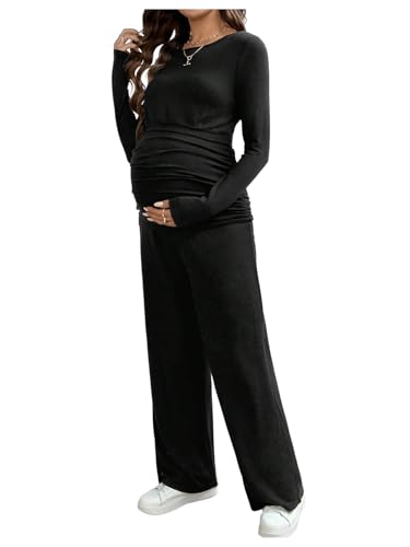 OYOANGLE Women's Maternity Sets 2 Piece Fall Long Sleeve Top and Pants Set - color: Black, size: Large