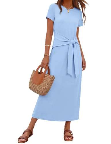 MEROKEETY Women's Summer T Shirt Casual Work Wrap Maxi Dresses - color: Sky Blue, size: Small