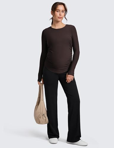 CRZ YOGA Maternity Side Ruched Tops - color: Hot Fudge Brown, size: Medium