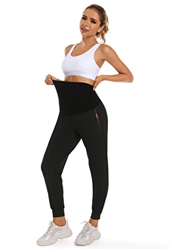 Foucome Women's Maternity Joggers Quick Dry Pregnancy Scrub Pants - color: Black, size: Small