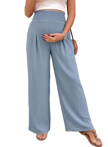 BLENCOT Women's Maternity Pants Smocked Palazzo Pregnancy Trousers - color: Myosotis, size: Medium