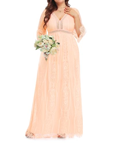 Plus Size Wedding Dresses Boho Lace Formal Bohemian Fall Long Dress - color: Pink, size: 14 Plus