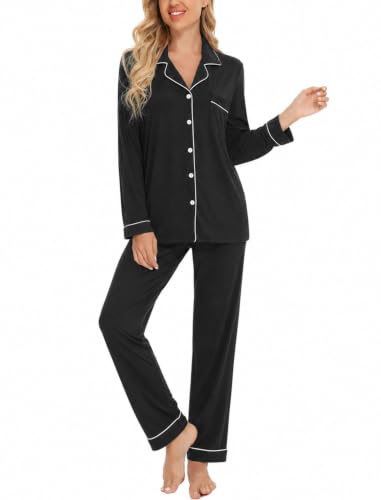 Anjue Pajamas For Women Set Long Sleeve Button Up Sleepwear Soft Pjs - color: Black, size: Medium