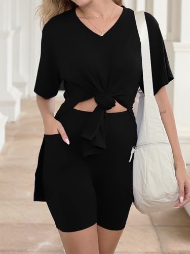 Plus Size Women 2 Piece Outfits Shorts Sets with Pockets - color: Black, size: 3X-Large