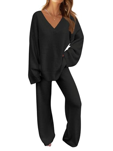 MEROKEETY Women's Fall Fleece 2 Piece Outfits Pajama Lounge Sets - color: Black, size: Medium
