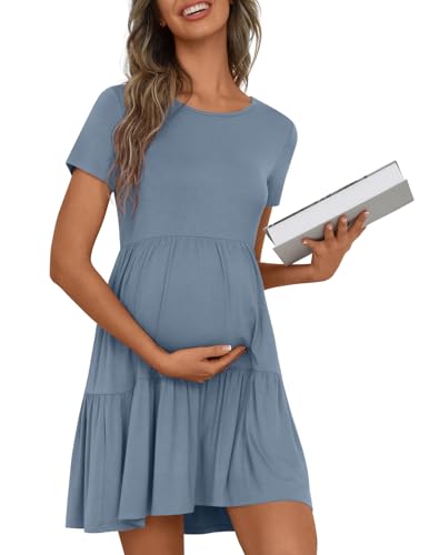 Women's Maternity Dress Summer Short Sleeve Pregnancy Dresses - color: Dusty Blue, size: Large